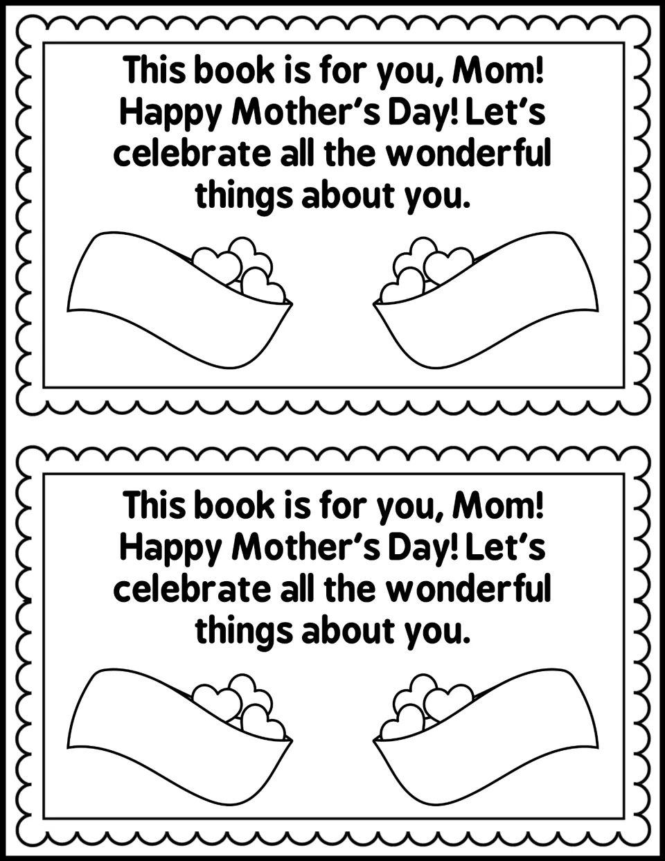 Dedication page: students read 'This book is for you, Mom! Happy Mother's Day!' and color two bowls filled with hearts