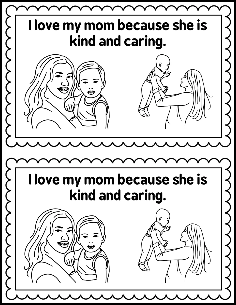 Reader page: students read 'I love my mom because she is kind and caring' and color drawings of moms holding children
