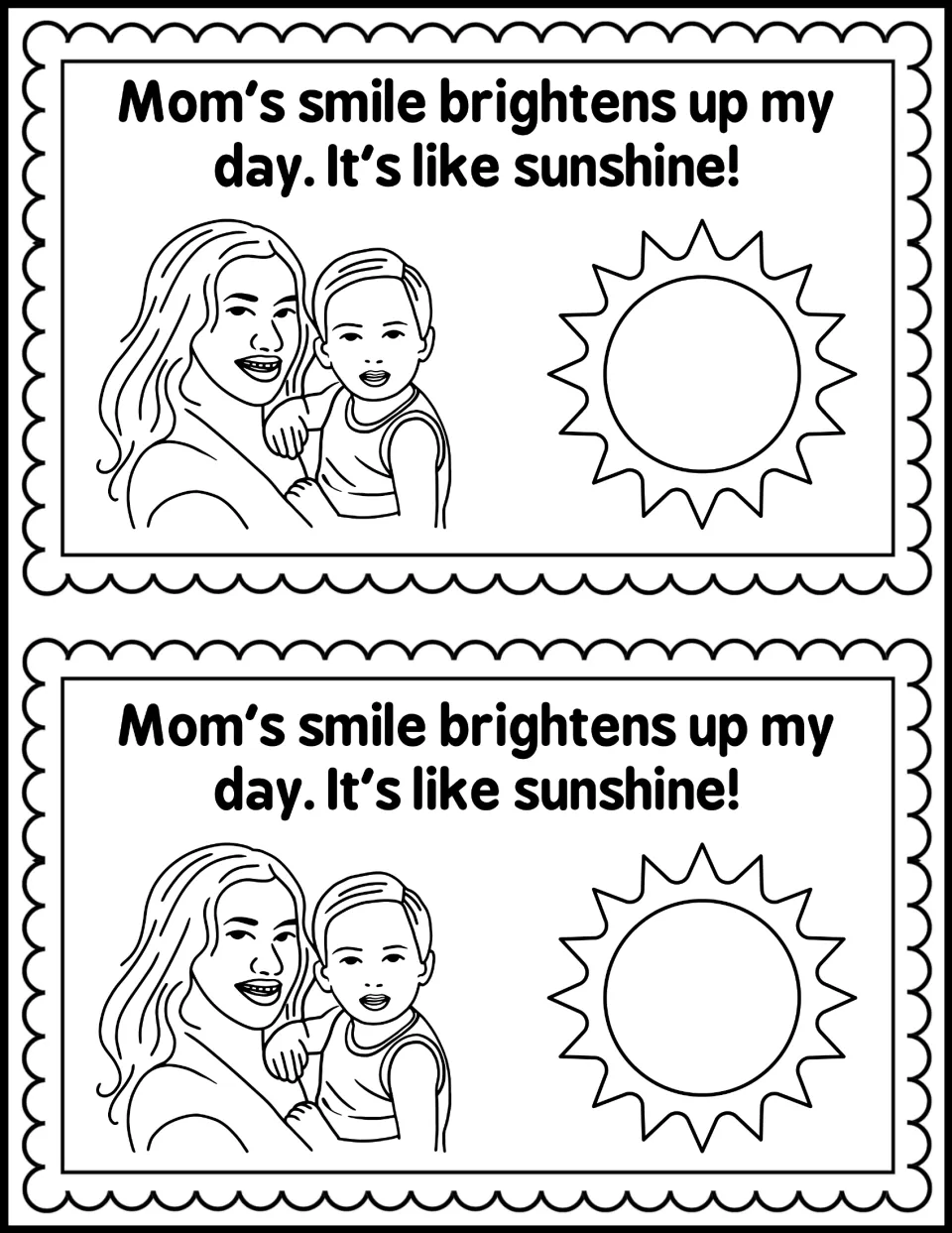 Sunshine page: students read 'Mom's smile brightens up my day. It's like sunshine!' and color a mom, child and a sun