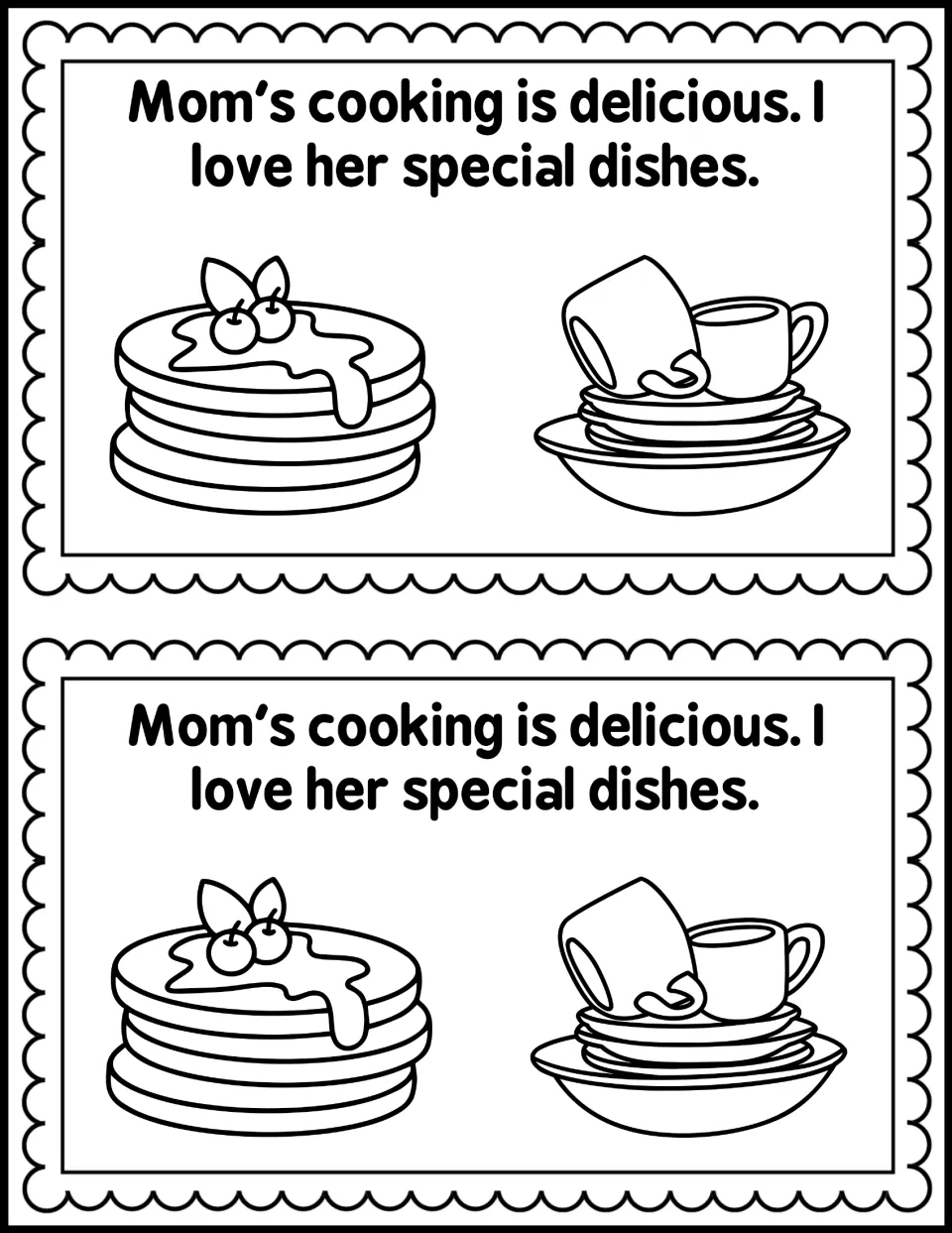 Cooking page: students read 'Mom's cooking is delicious. I love her special dishes.' and color pancakes and stacked dishes