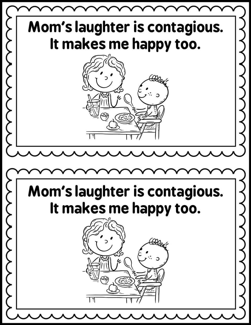 Laughter page: students read 'Mom's laughter is contagious. It makes me happy too.' and color a mom and baby at the table
