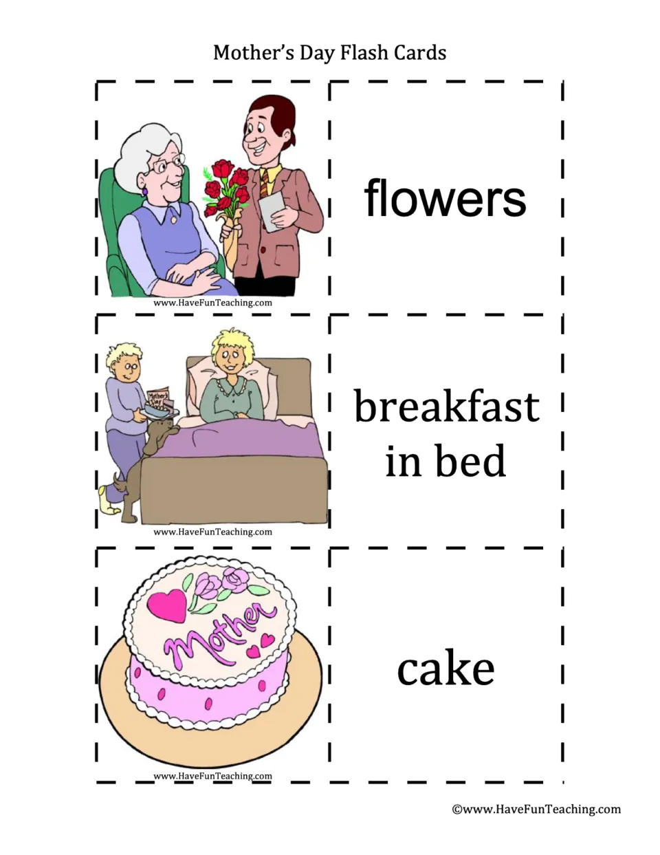 Mother's Day gift words: students cut out picture-word cards for flowers, breakfast in bed and cake to build vocabulary