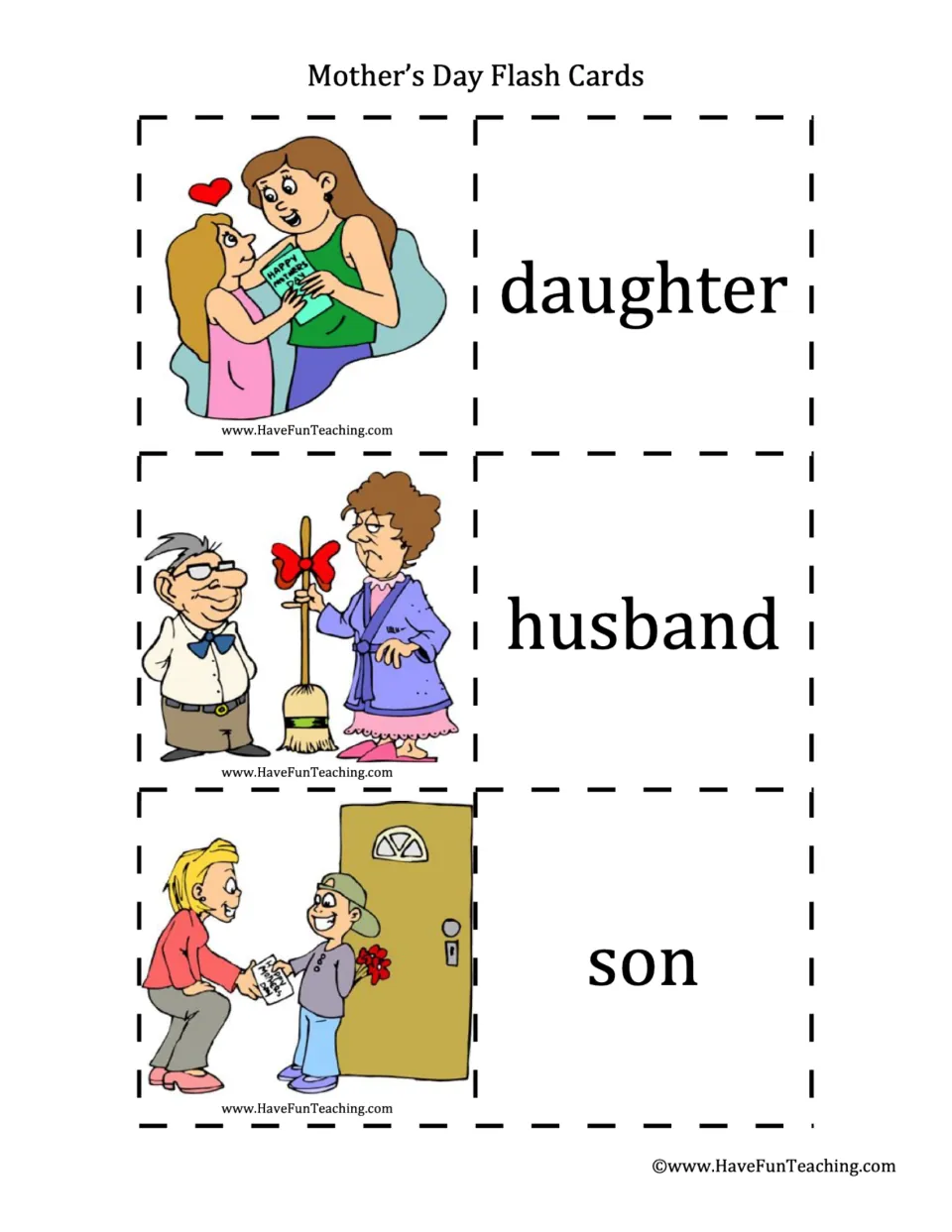 Family member words: picture cards for daughter, husband and son, each showing a person giving a mom a card or gift