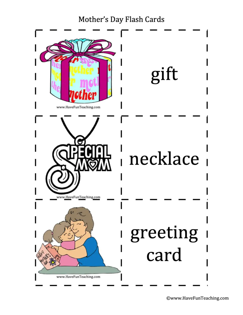 Present vocabulary: students read cards for gift, necklace and greeting card, with a Special Mom pendant and a hug picture