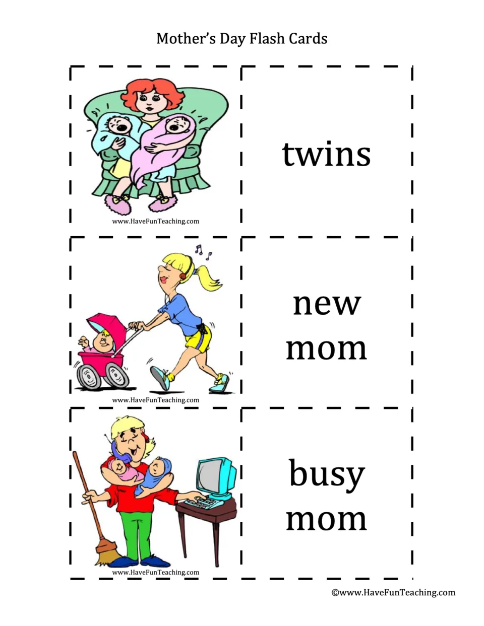 Describing moms: cards pair twins, new mom and busy mom with pictures of a mom holding two babies, jogging and multitasking
