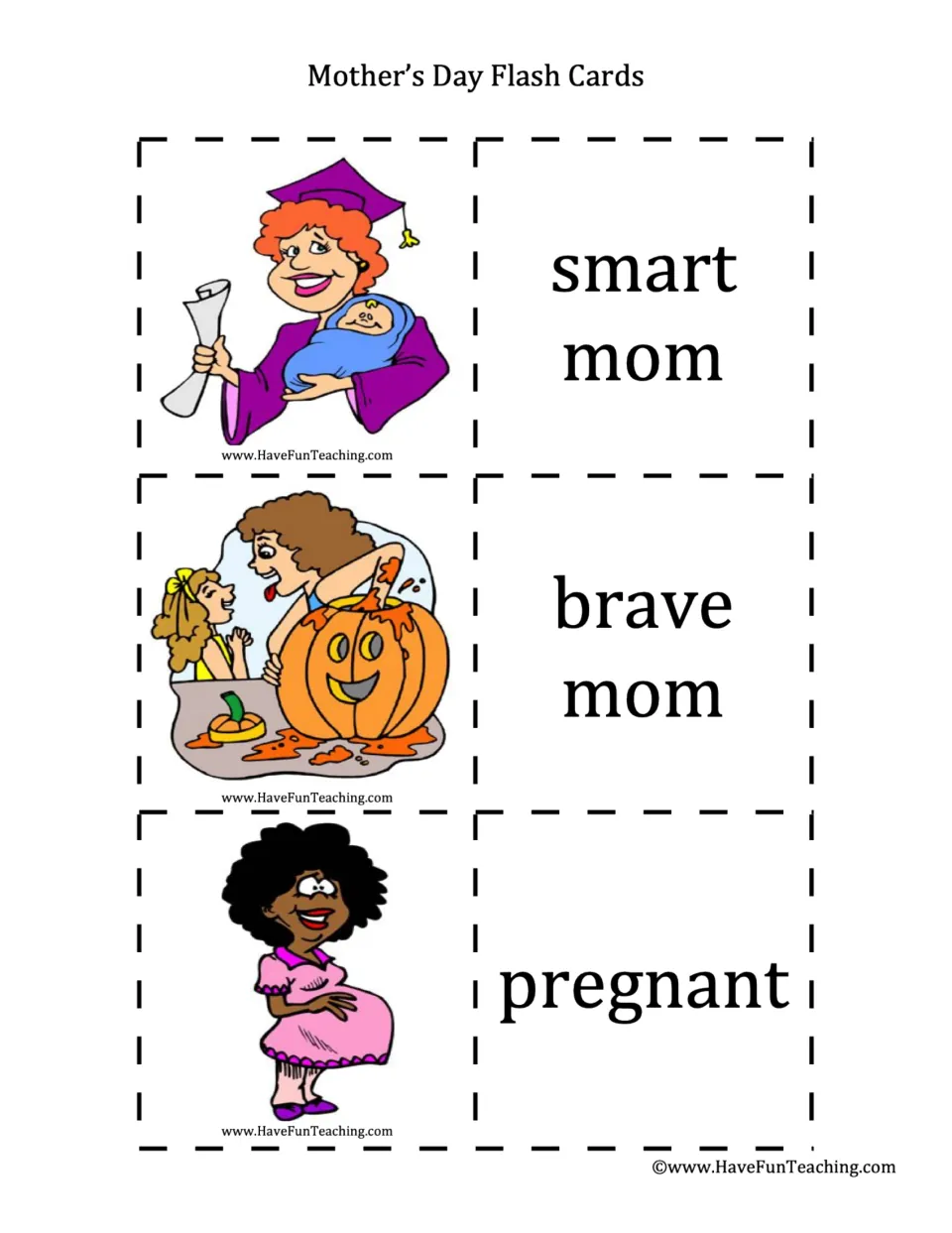 Adjective cards: smart mom in a graduation cap, brave mom scooping a pumpkin, and pregnant, each word beside its picture