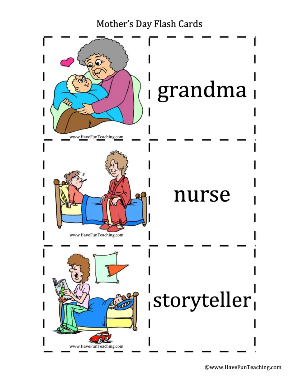 Roles a mother plays: cards for grandma holding a baby, nurse caring for a sick child and storyteller reading at bedtime