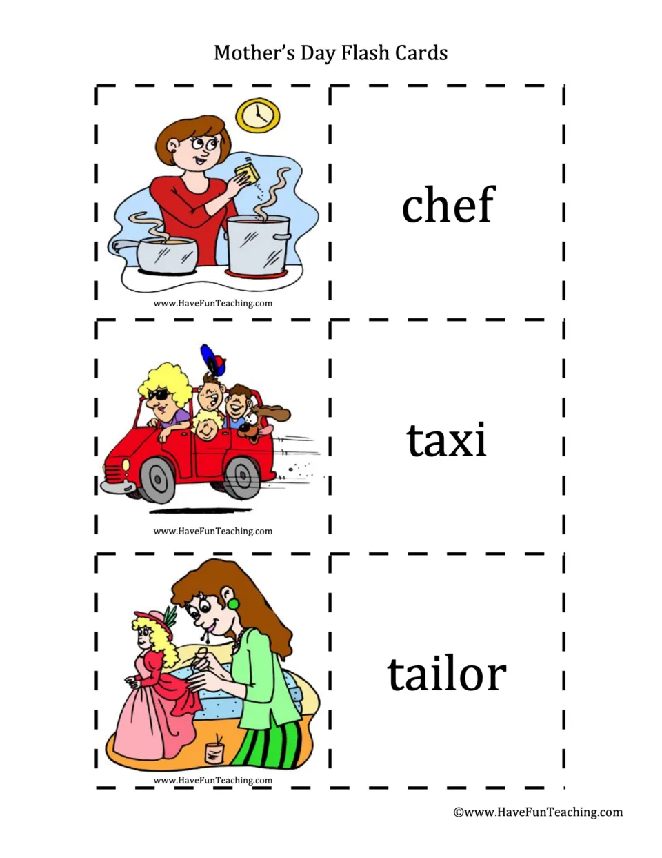 Mom as a worker: word cards chef, taxi and tailor show a mother cooking, driving kids in a red car and sewing a doll dress