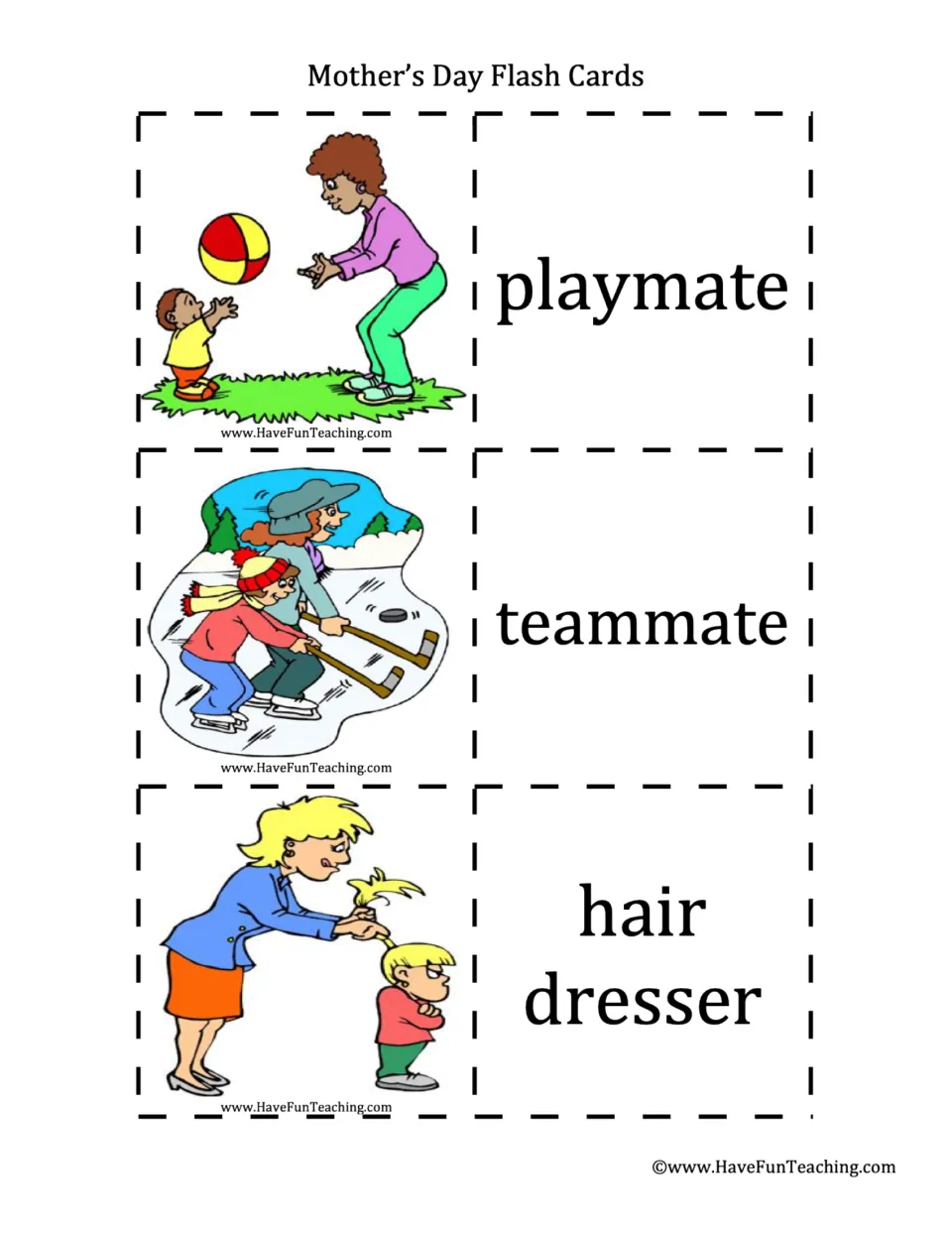 Activity words: playmate, teammate and hair dresser cards picture a mom playing catch, playing ice hockey and fixing hair