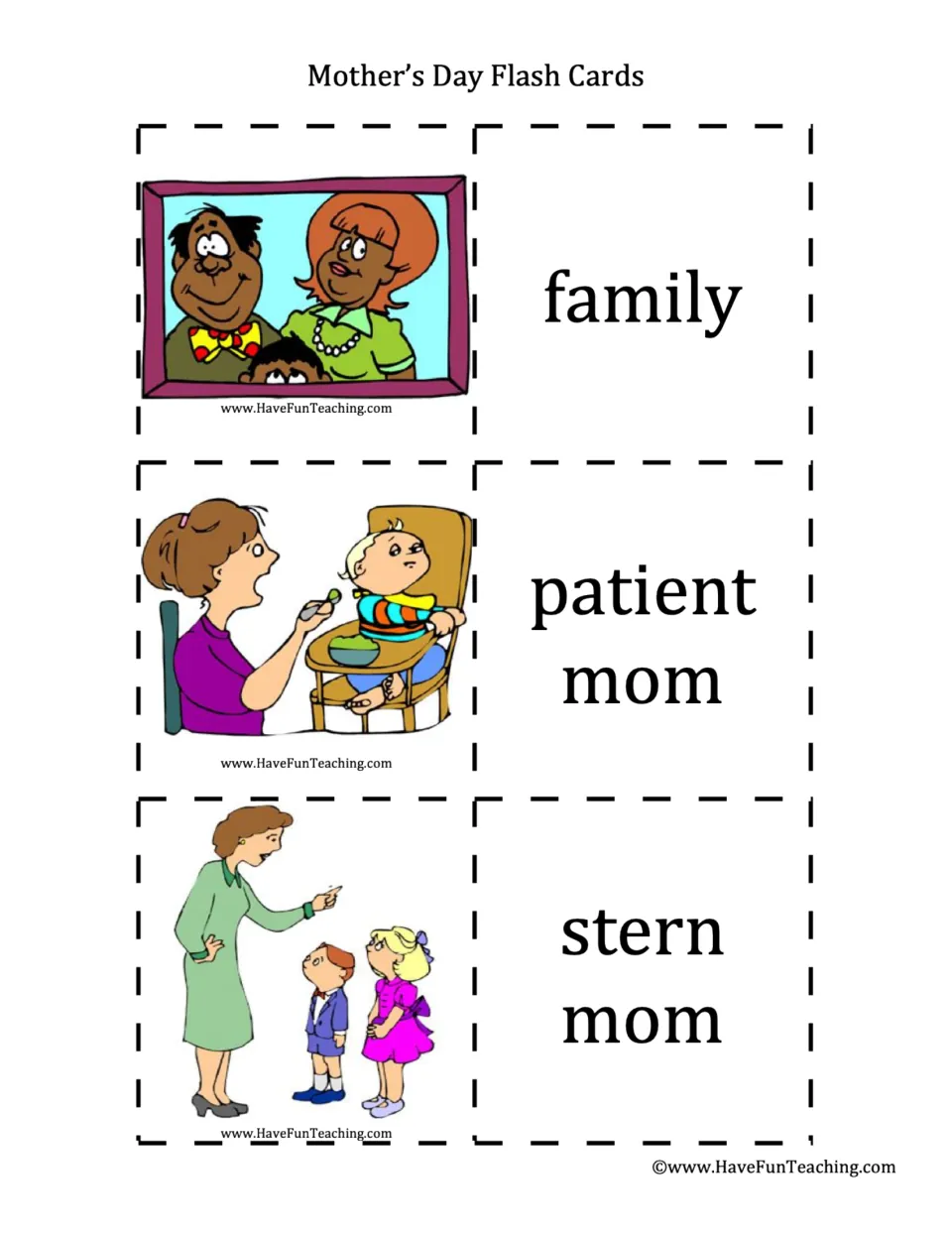 Character traits: cards for family portrait, patient mom feeding a baby, and stern mom pointing a finger at two children