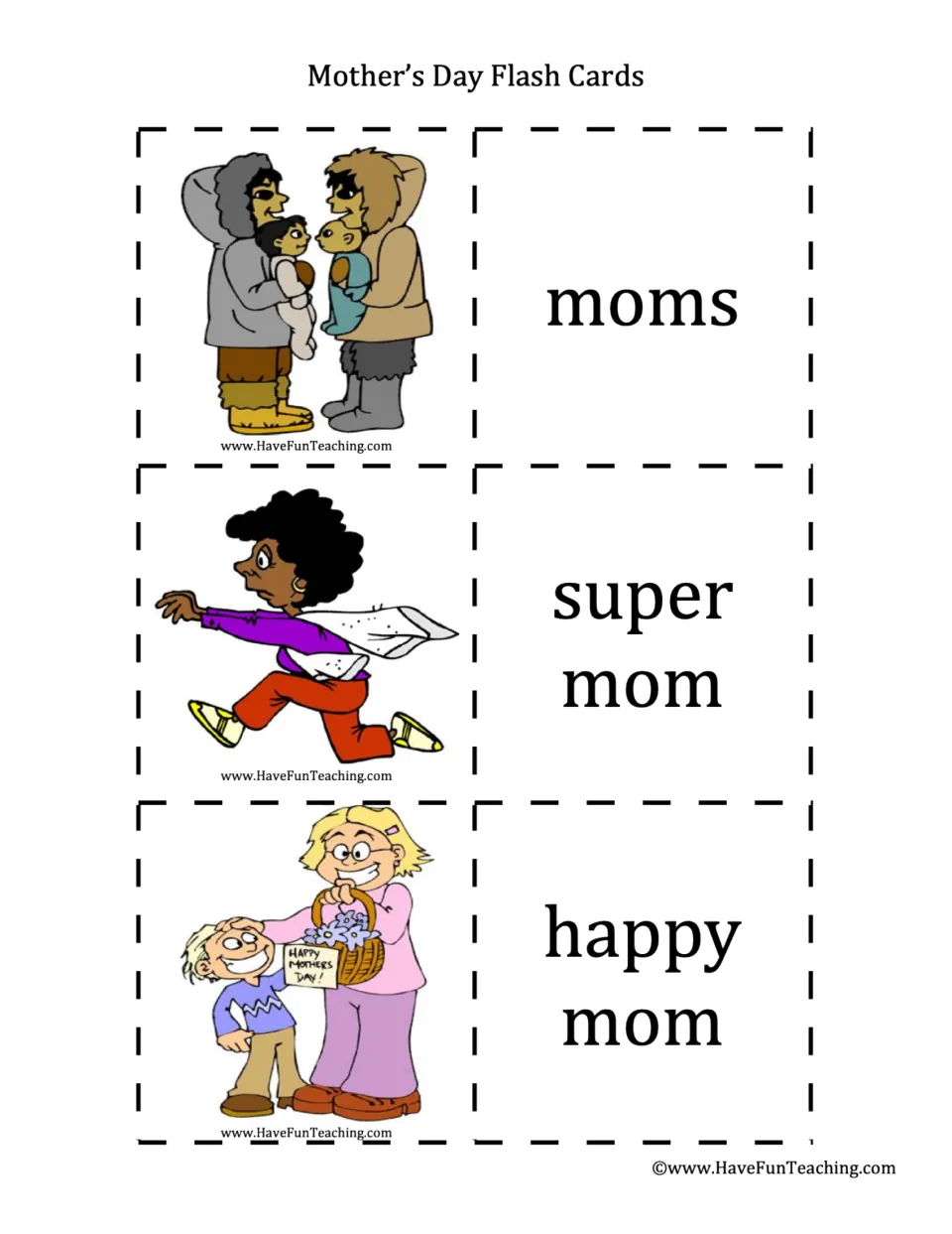 Final set of cards: moms holding babies in parkas, super mom running with a cape, and happy mom holding a flower basket
