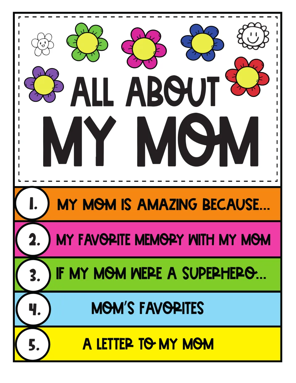 All About My Mom flipbook: flower title and five numbered tabs, from My Mom Is Amazing Because to A Letter to My Mom