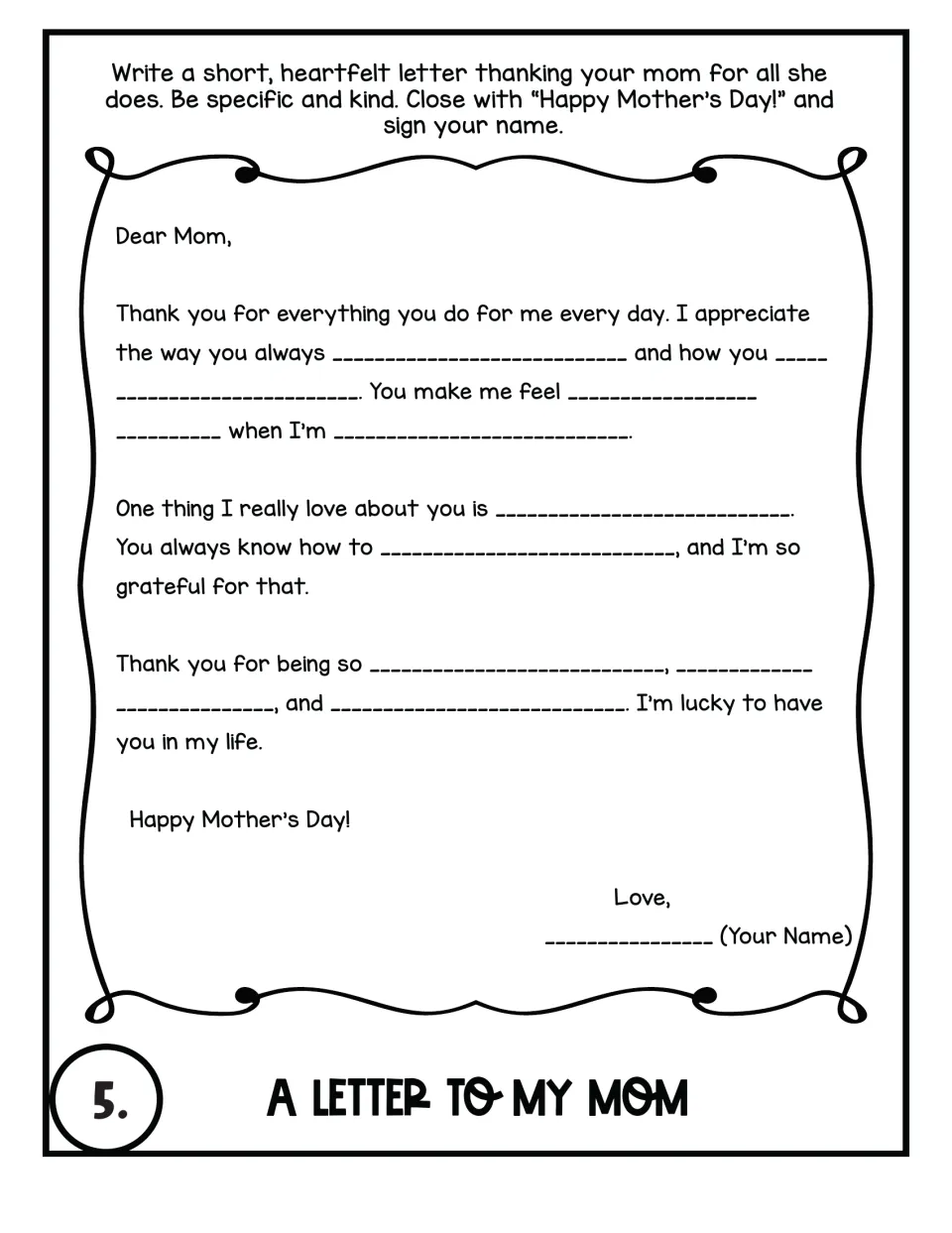 A Letter to My Mom: students complete a Dear Mom thank-you letter frame, ending with Happy Mother's Day and their name
