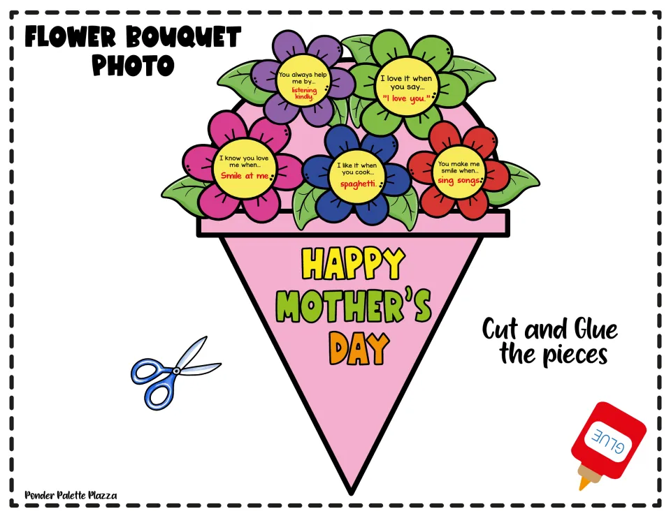 Finished craft example: six flowers with sample answers such as "I love you" over a pink Happy Mother's Day cone