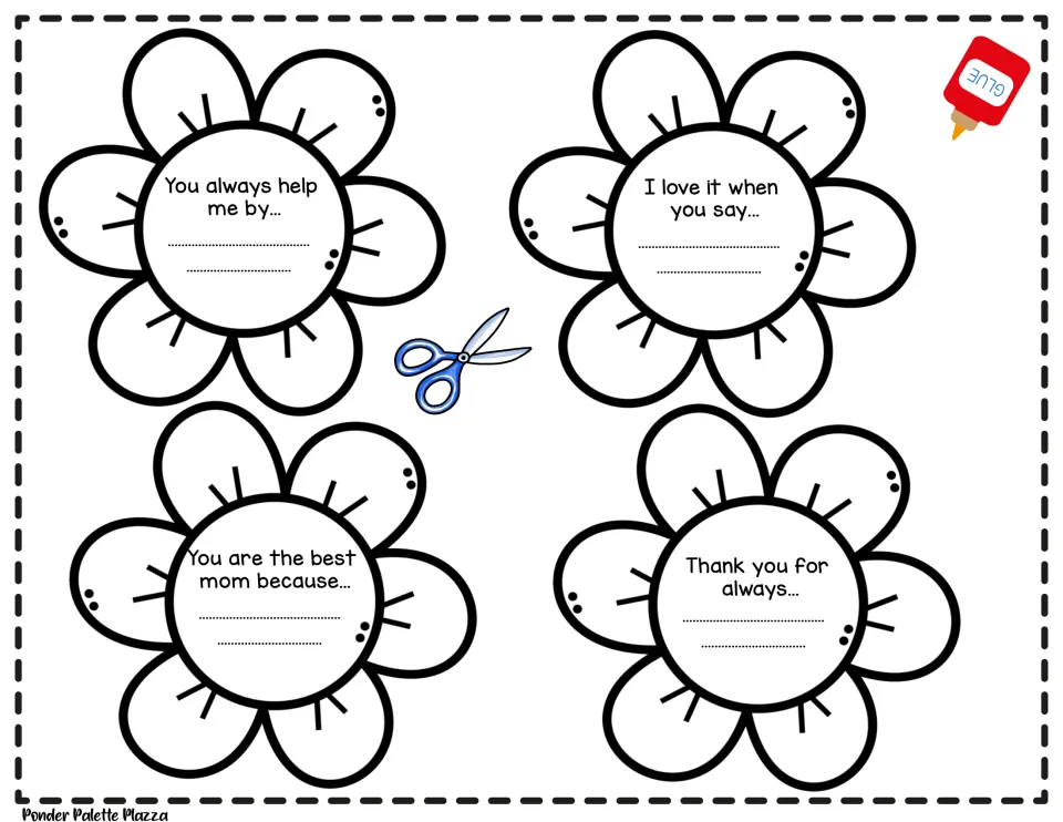 Flower sentence completion: students write endings for You always help me by, I love it when you say and Thank you for