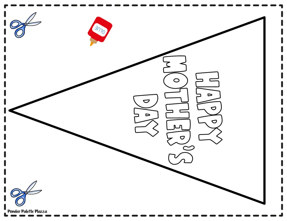 Bouquet cone template: a large triangle with outlined Happy Mother's Day letters for students to color and cut out