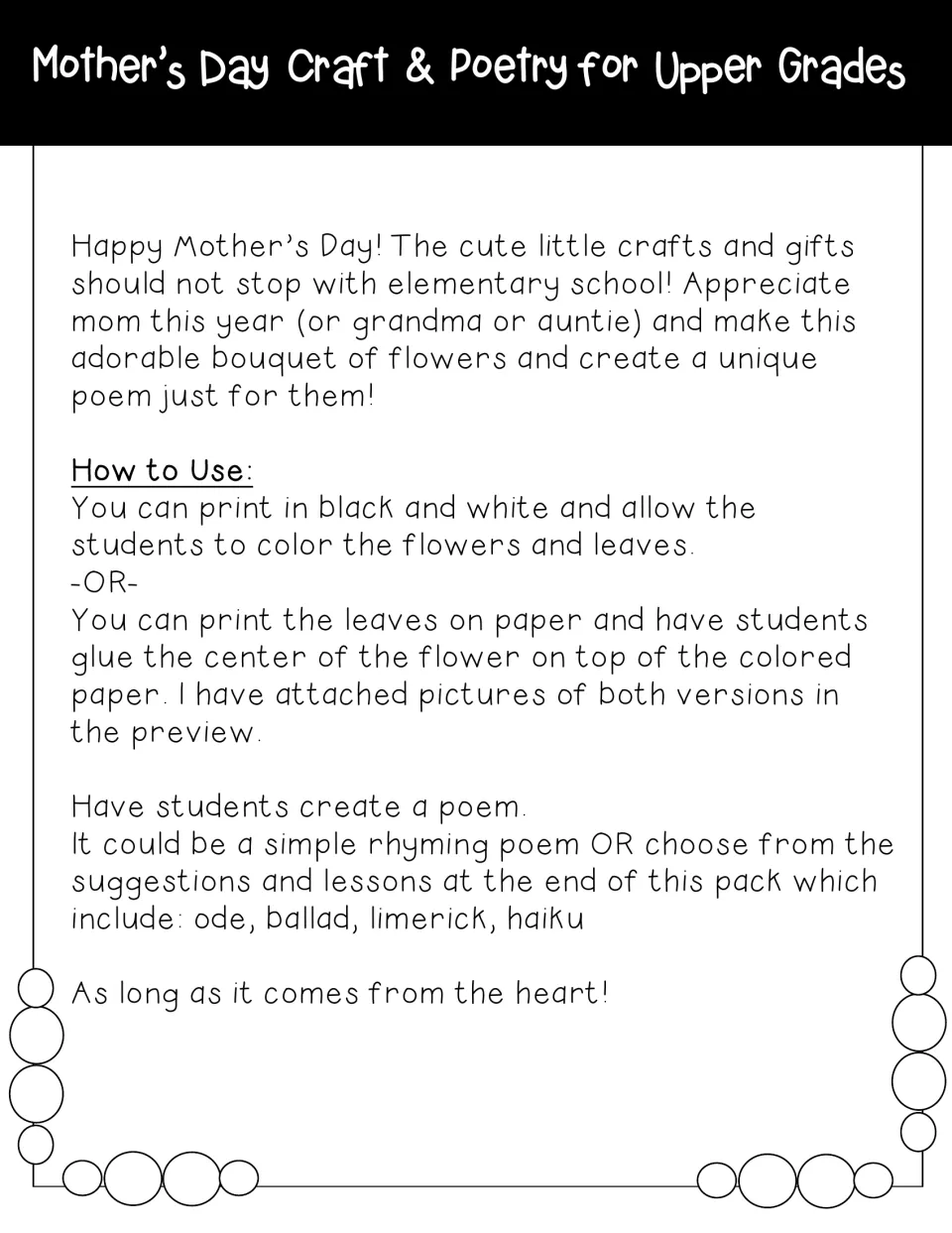 Mother's Day craft and poetry directions: color or paper flower bouquet, then write a rhyming poem, ode, ballad or haiku
