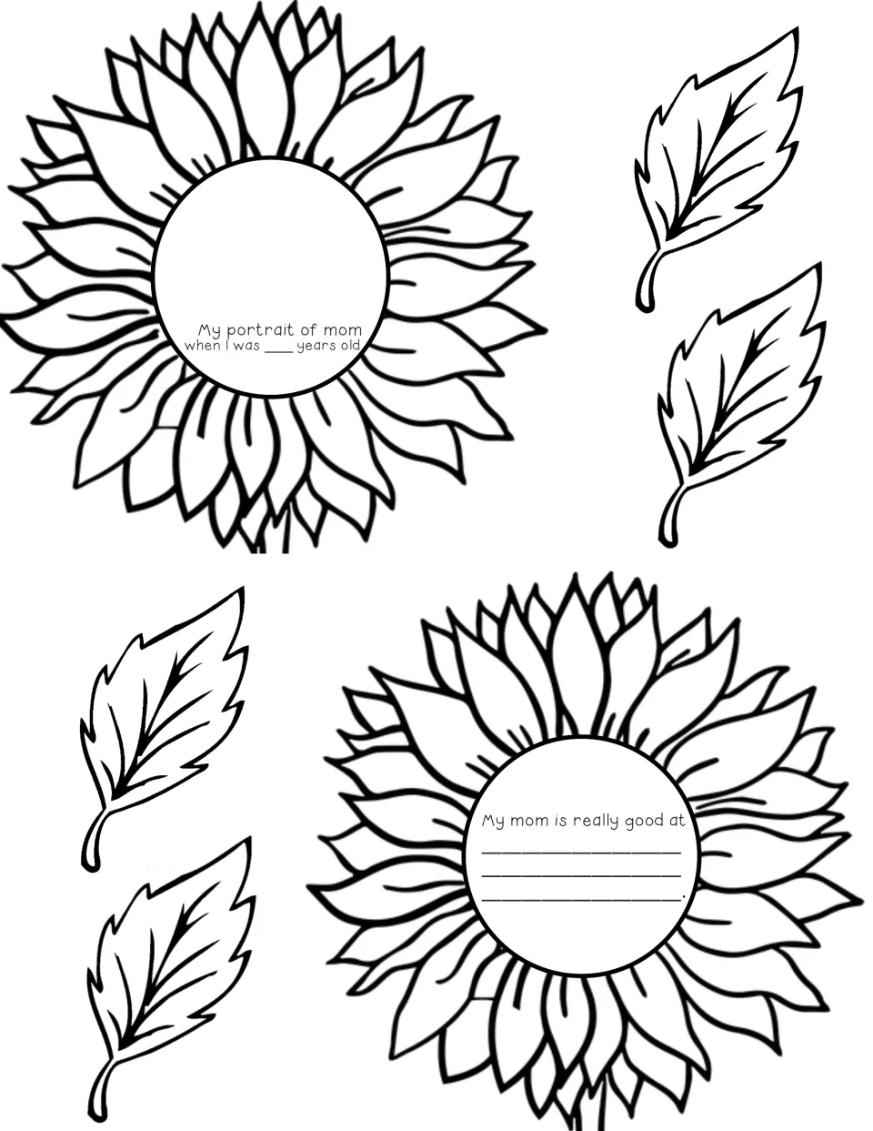 Sunflower cut-outs and leaves: students draw a portrait of mom and finish 'My mom is really good at' to build the bouquet
