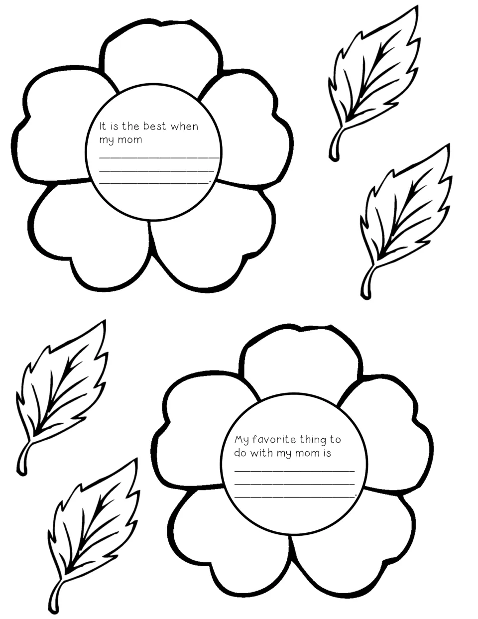 Petal flower cut-outs with leaves: students finish 'It is the best when my mom' and their favorite thing to do with mom