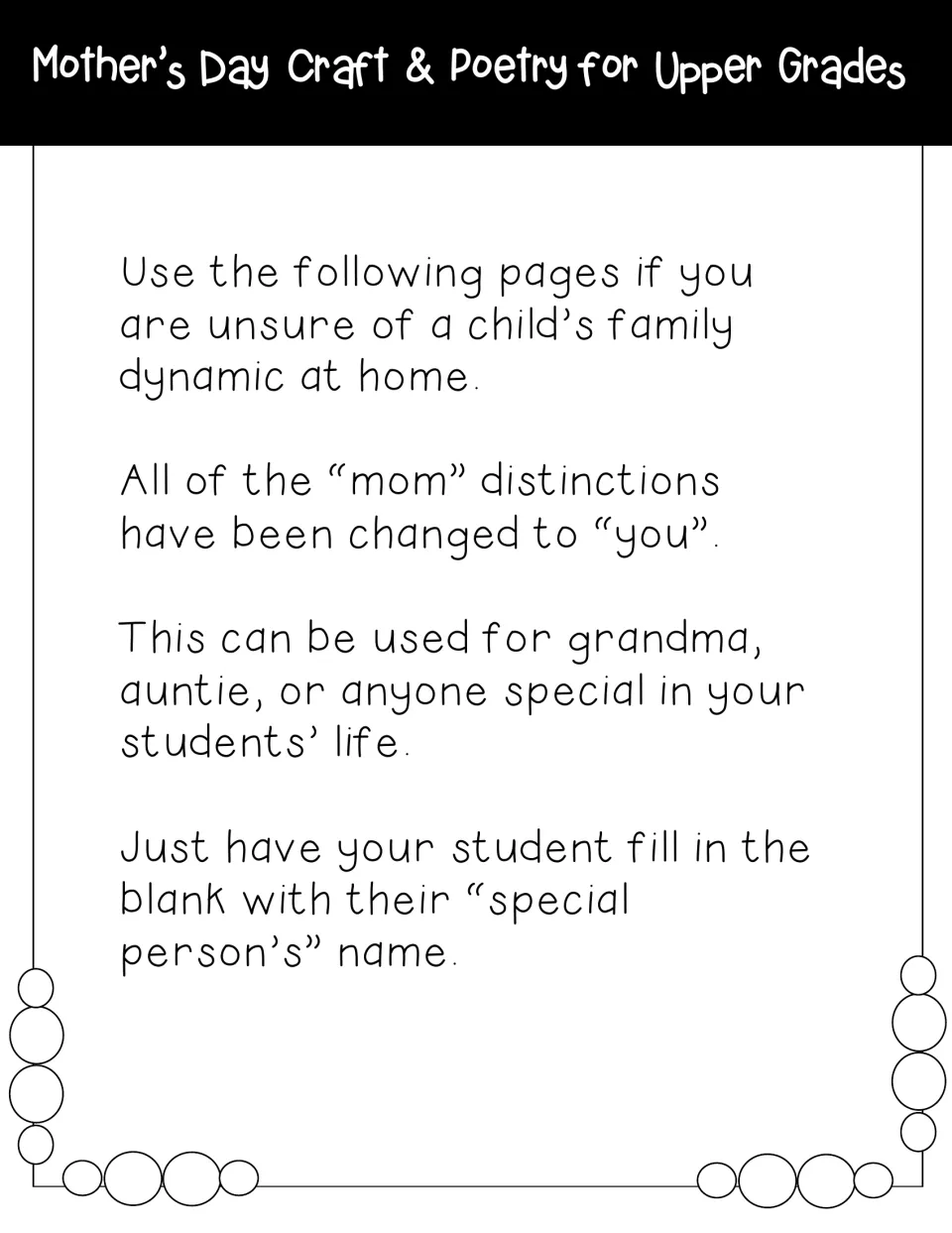 Note on inclusive pages: flowers swap 'mom' for 'you' so students can write for grandma, auntie or anyone special