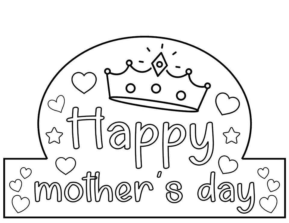 Mother's Day hat craft design 1: 'Happy mother's day' beneath a crown, ready to color, cut, and assemble