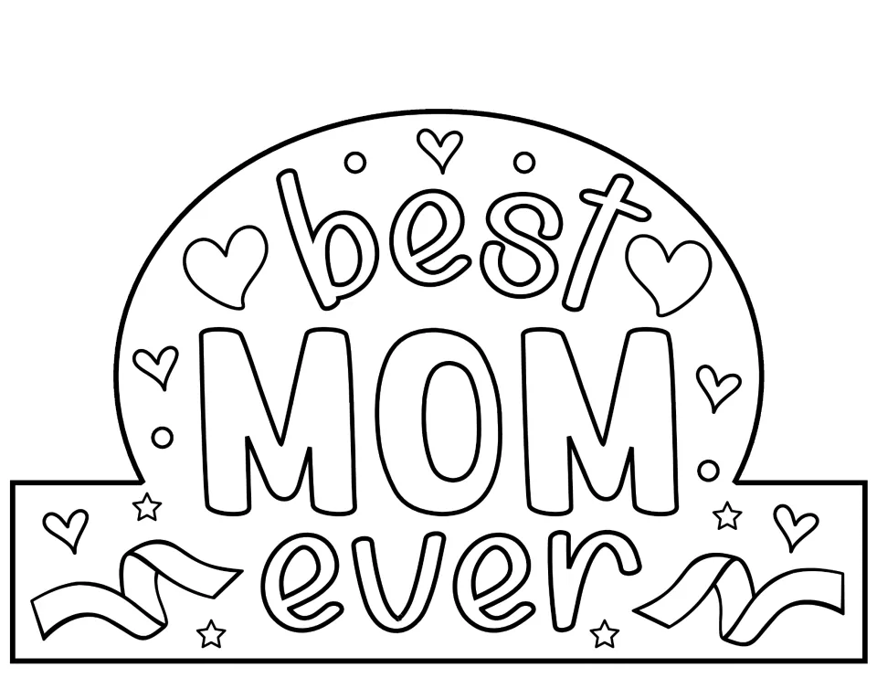 Mother's Day hat craft design 2: 'best MOM ever' in outlined lettering to color before cutting and assembly