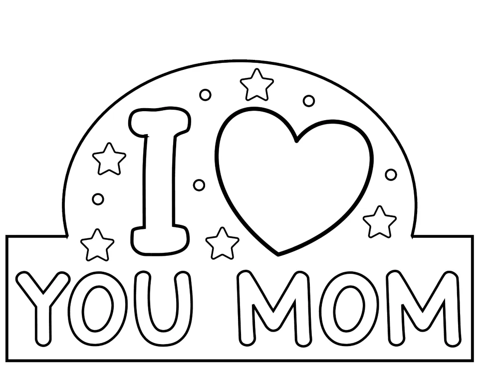 Mother's Day hat craft design 3: 'I' and a heart above 'YOU MOM,' forming a message to color and assemble