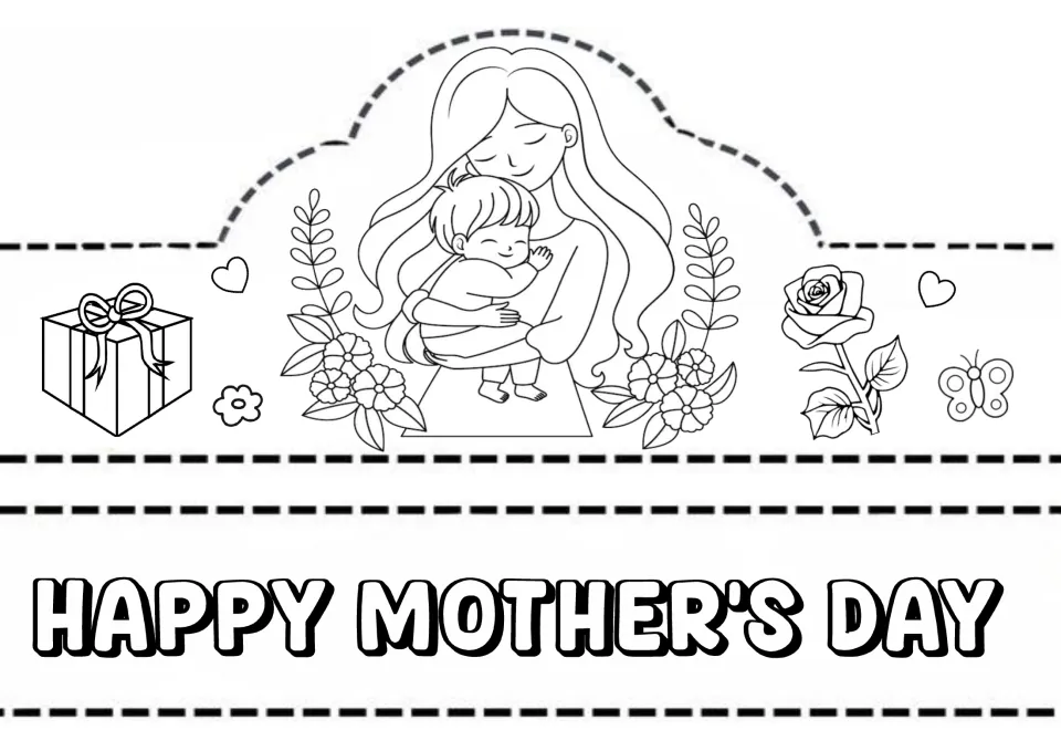 Mother's Day headband to color and cut out: crown front shows a mother hugging her child, band reads Happy Mother's Day