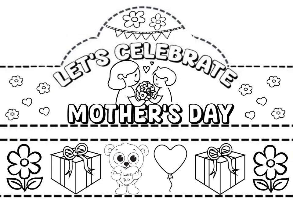 Let's Celebrate Mother's Day crown to color: child gives mom flowers; band strip has a teddy bear, gifts and a balloon
