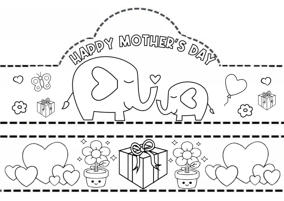 Elephant crown to color: mama and baby elephant touch trunks; band strip shows hearts, potted flowers and a gift