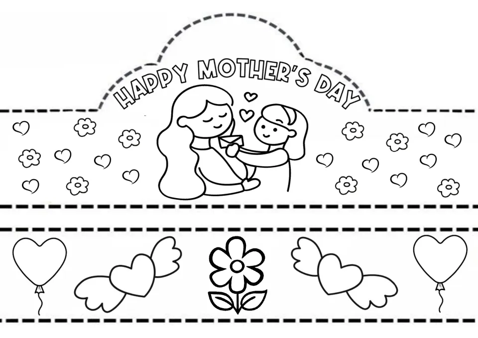 Happy Mother's Day crown of a girl handing her mom a letter, ringed by hearts; band strip has winged hearts and balloons