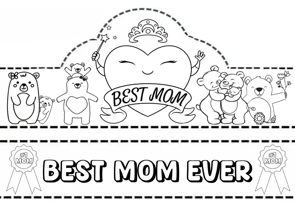 Best Mom crown: smiling heart with tiara and wand among bear families; band strip reads Best Mom Ever with #1 Mom ribbons