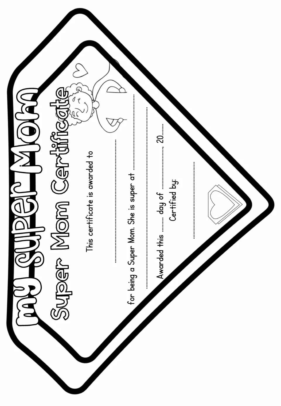 Hero-emblem Super Mom Certificate with a curly-haired caped mom; students name her, tell what she is super at and date it