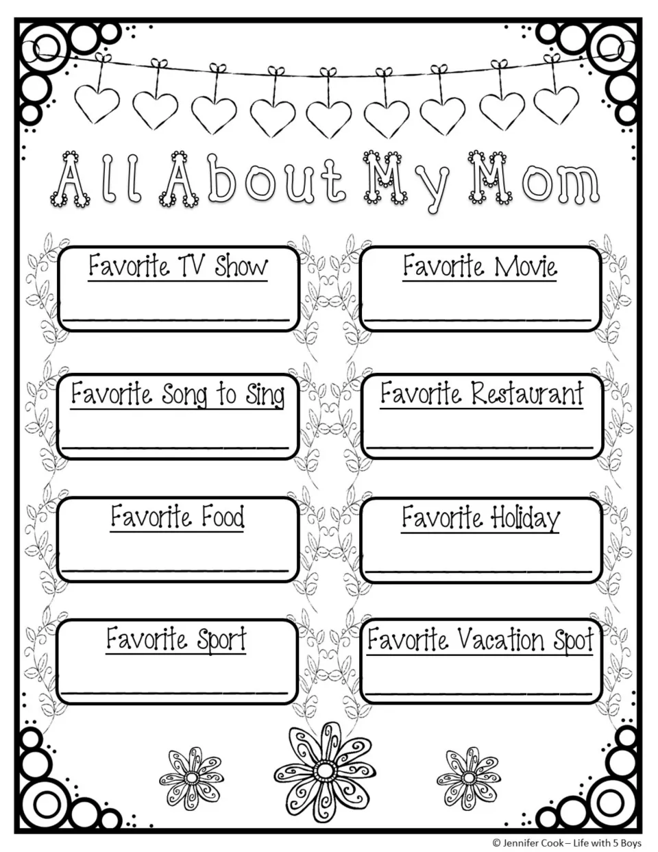 'All About My Mom' activity: favorite TV show, movie, song to sing, restaurant, food, holiday, sport and vacation spot.