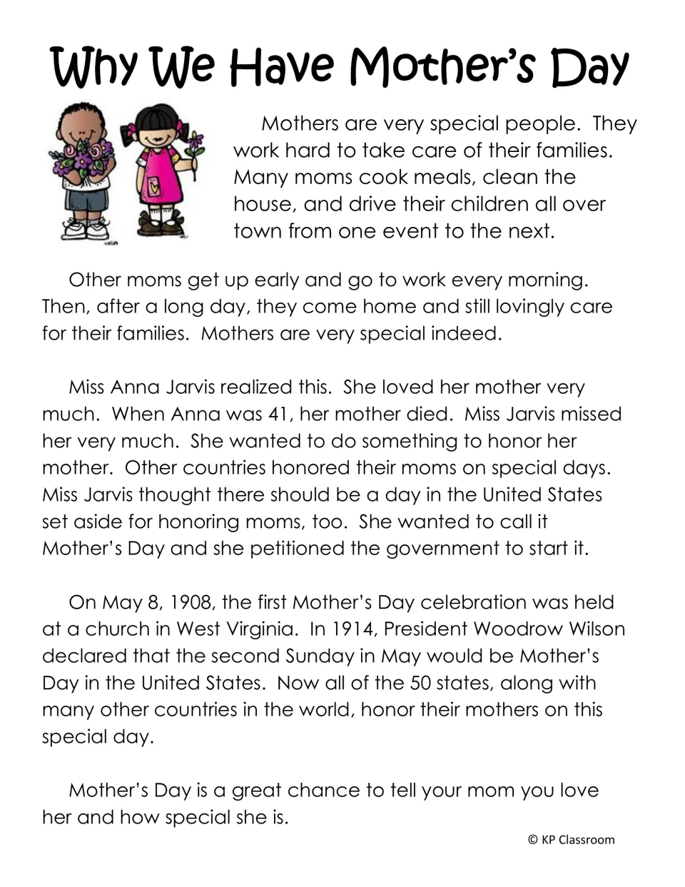 Why We Have Mother's Day reading passage on Anna Jarvis, the first 1908 celebration and Woodrow Wilson's 1914 declaration