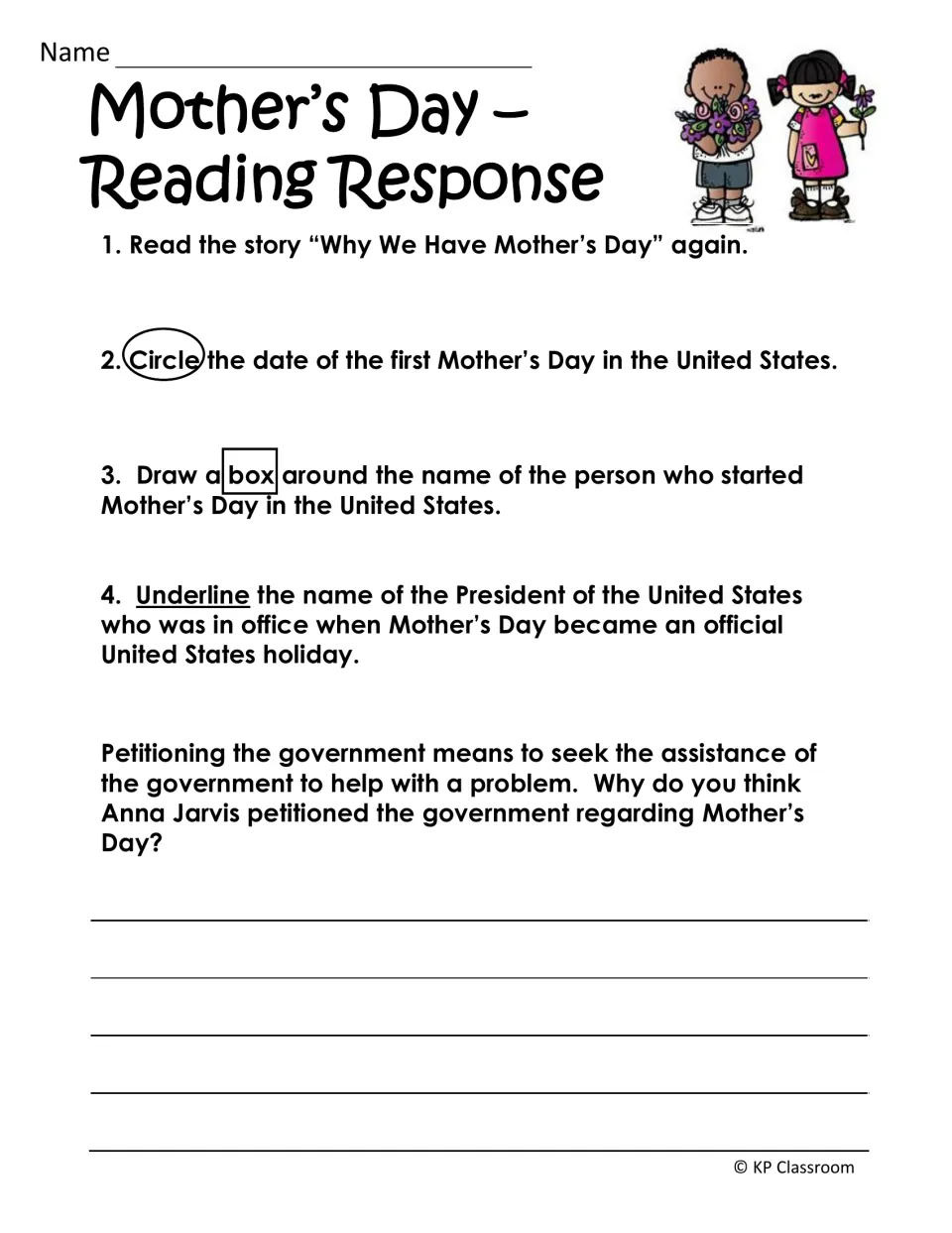 Reading response: students circle a date, box Anna Jarvis's name, underline the president and explain her petition
