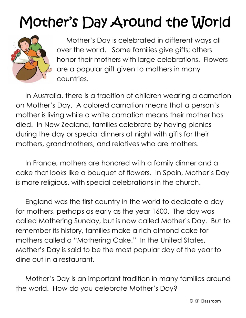 Mother's Day Around the World passage on customs in Australia, New Zealand, France, Spain, England and the United States