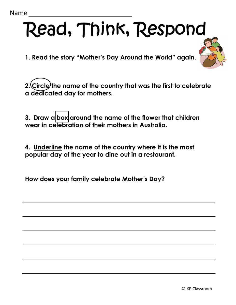 Read, Think, Respond: students mark facts in the world customs text, then write how their family celebrates