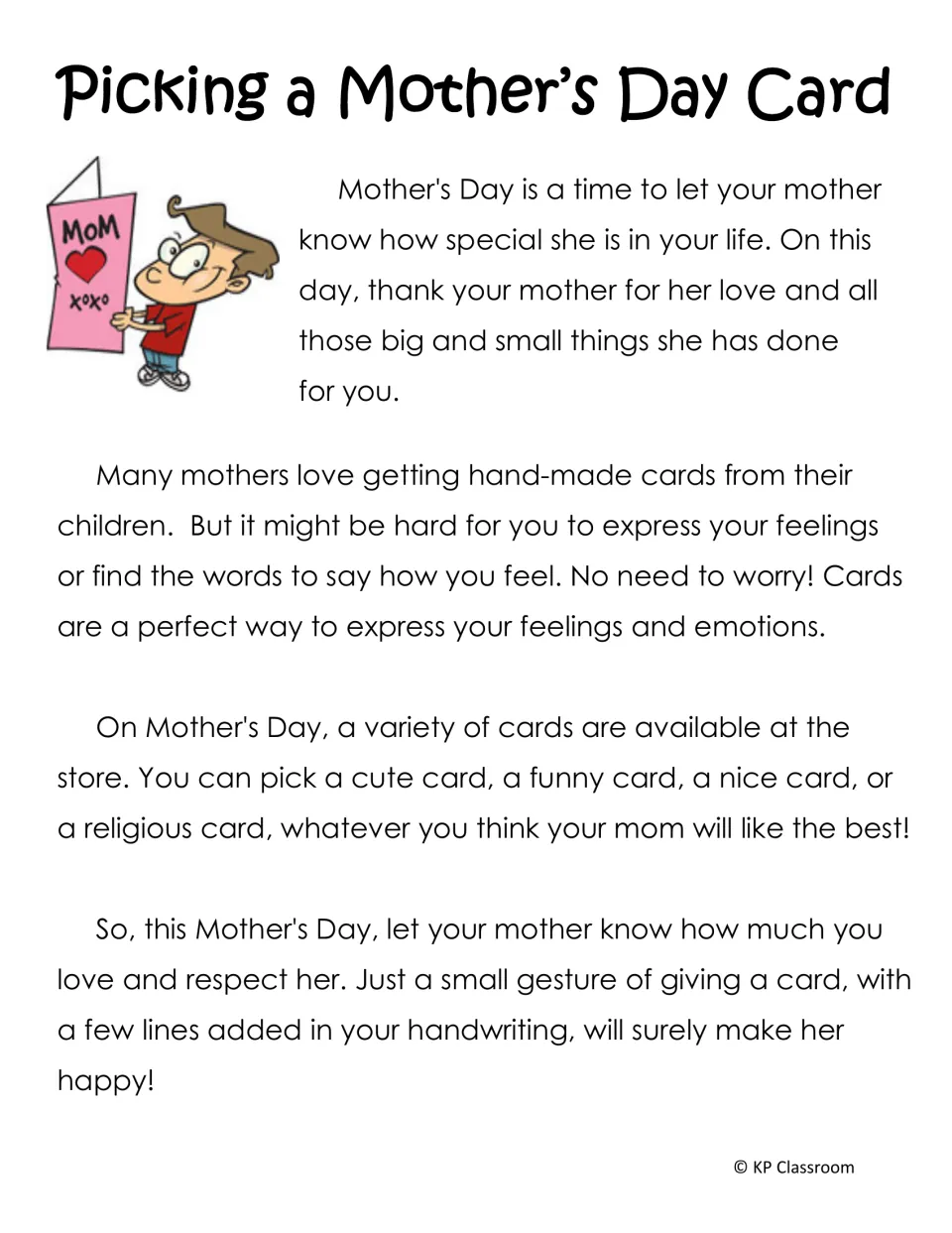 Picking a Mother's Day Card passage about handmade cards and choosing a cute, funny, nice or religious card from the store