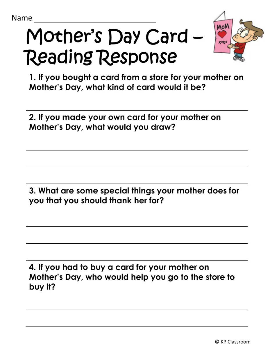 Card reading response: students answer four personal questions on choosing a card, what to draw and what to thank mom for