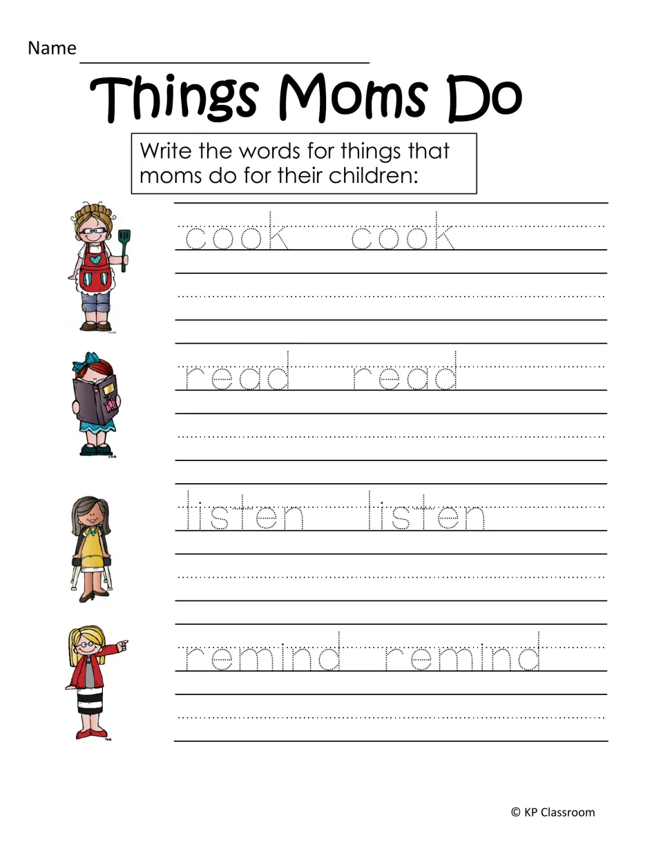 Word tracing practice: students trace and copy cook, read, listen and remind, each shown with a picture of a mom doing it