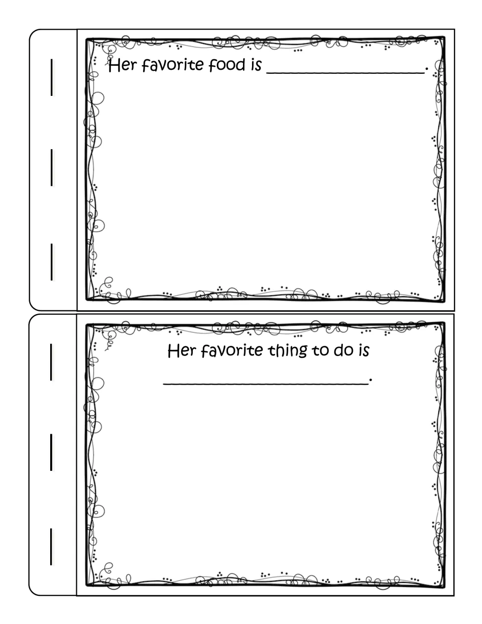 Mom mini book pages 3–4: prompts for her favorite food and favorite thing to do, with space to draw