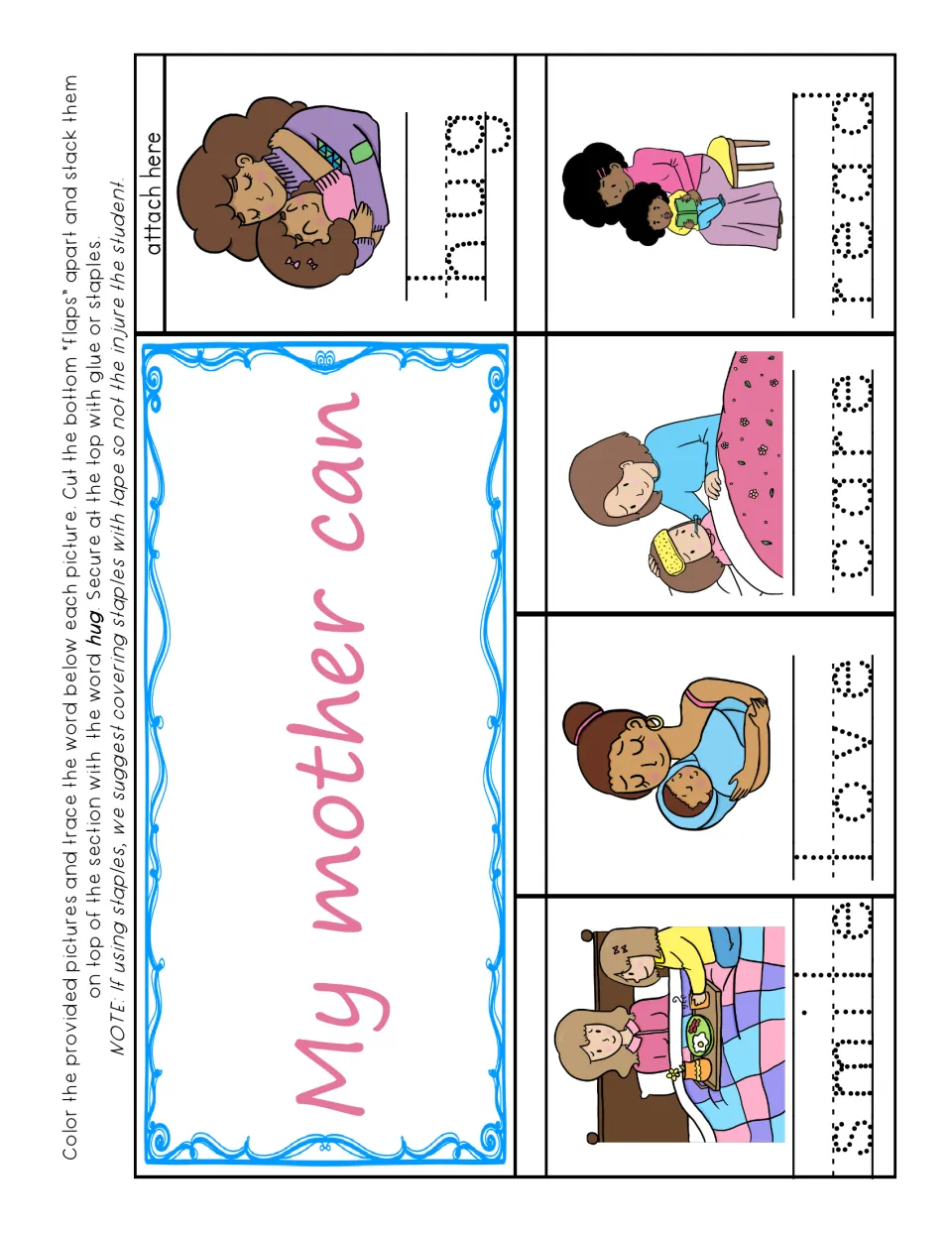 'My mother can' flipbook with five illustrated tracing words: hug, smile, love, care, and read