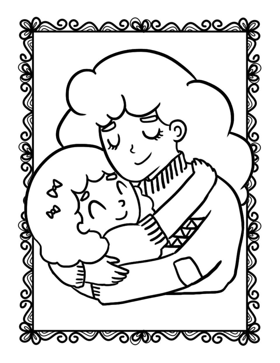 Mother's Day coloring activity showing a mother and child hugging, matching the flipbook's 'hug' illustration