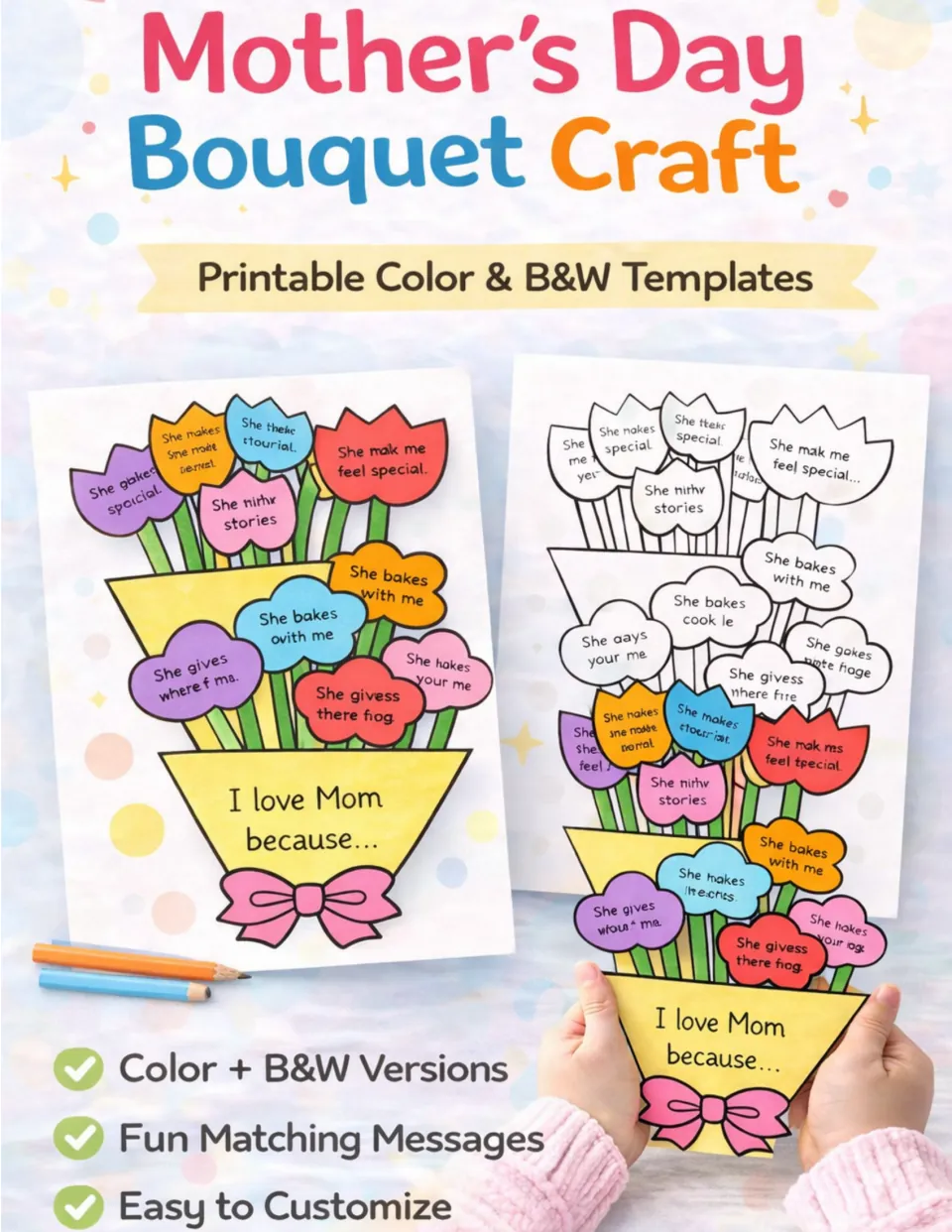 Mother's Day bouquet craft cover showing color and B&W tulip bouquet templates with 'I love Mom because...' messages
