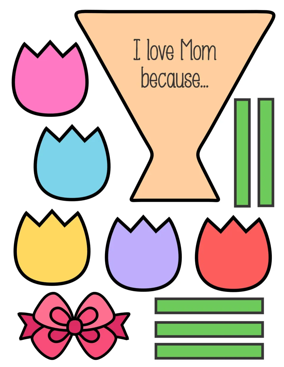 Color tulip template: five tulips, seven stems, a pink bow and a peach wrap reading 'I love Mom because...' to cut out