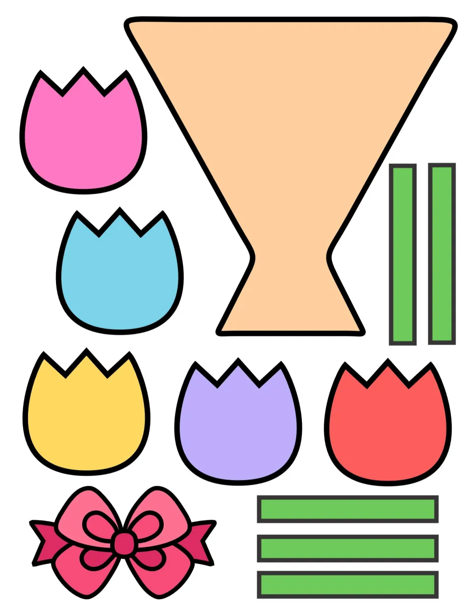 Color tulip template with blank wrap: students cut out five tulips, seven stems and a bow, then add their own wrap words