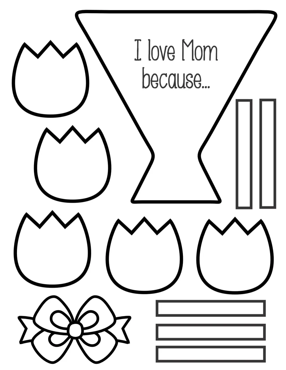B&W tulip template with 'I love Mom because...' wrap: students color and cut out five tulips, seven stems and a bow