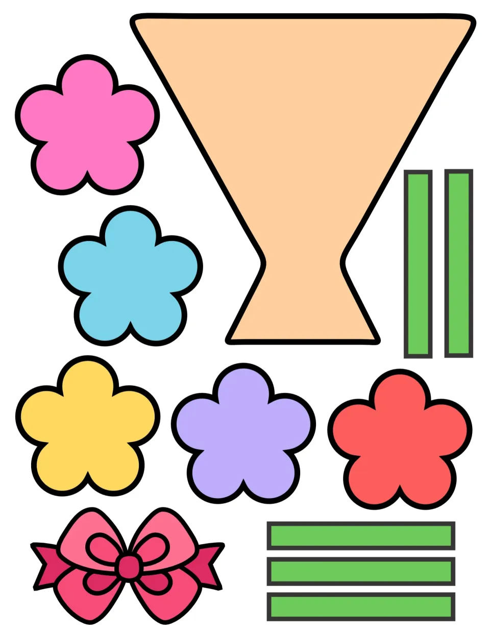 Color five-petal flowers, green stems and a pink bow with a blank wrap for students to cut out and write a custom title