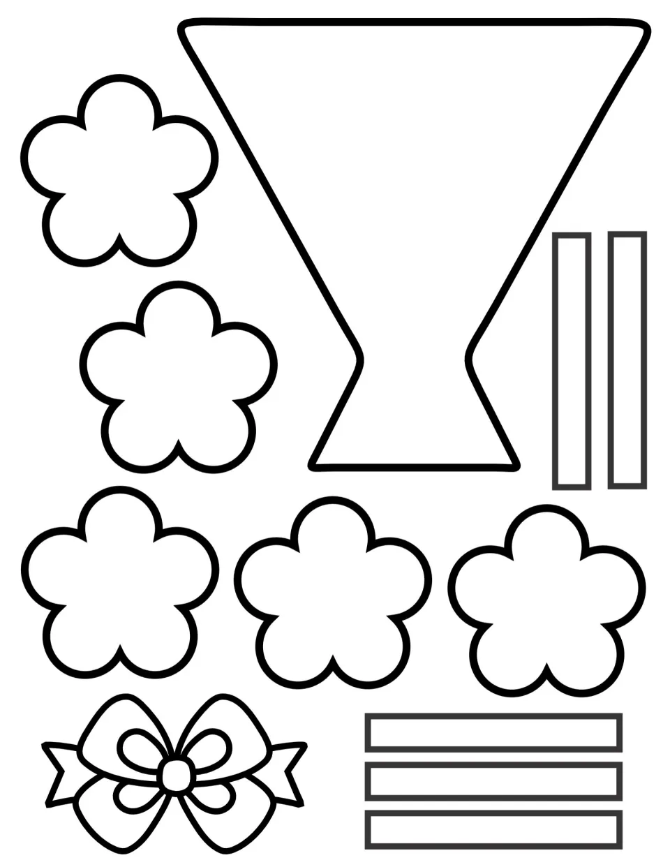 Blank outline flower set: five-petal flowers, stems, a bow and an empty wrap for coloring, cutting out and writing a note